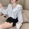 Women Ruffle Pleated Chiffon Blouse Court Style Solid Color Flare Long Sleeve Shirts Tops Girls Sweet Clothing Casual Shirt