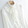 Ladies Autumn Long Sleeve Chiffon Button Up Shirt Women'S Casual White Vintage Office Tops Stand Collar Ruffles Work Blouses