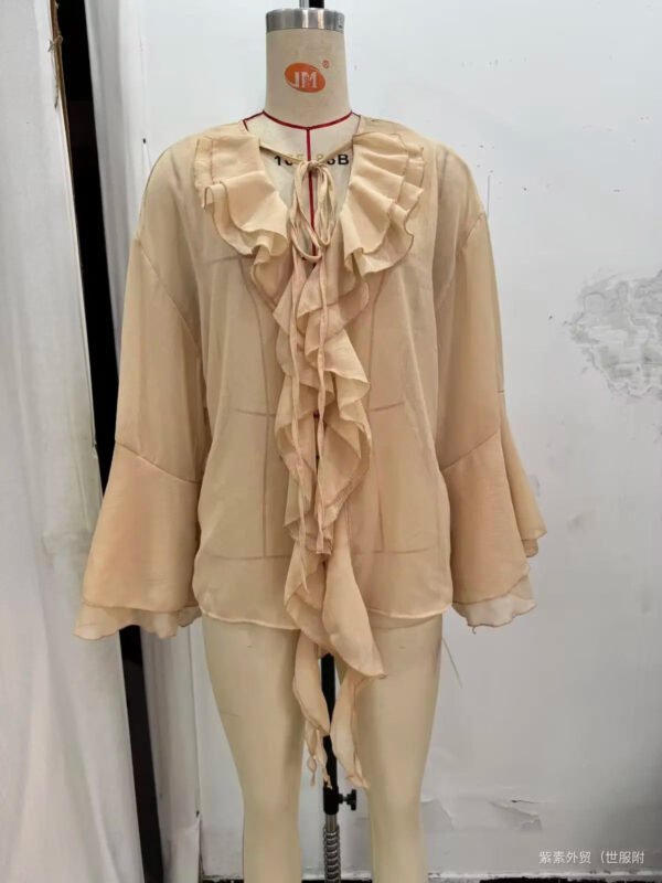 European And American Autumn New Women'S All Match V Neck Lace Up Ruffled Trumpet Sleeve Shirt 17024447