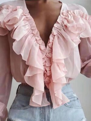 H67d449bc87f74aae8cc49bf9ab904bf82 New Spring Summer Korean Style Casual Camisas Mujer Long Sleeve Shirt Women Tops Ruffles Bow Chiffon Elegant Blouses