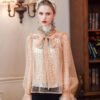 Vintage Elegant Puff Sleeves Transparent Lace Womens Blous High Quality Woman Blouses