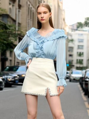 Women Korean Style Long Sleeve Blouse Ruffled Scoop Neck Pleated Front Satin Casual Shirt And Short Dress Set