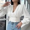Sexy Deep V Neck Chiffon Women Clothing Tops Office Puff Sleeve Women Blouse Top Shirts Tops For Women