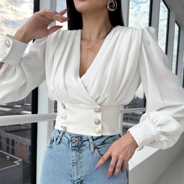 Sexy Deep V Neck Chiffon Women Clothing Tops Office Puff Sleeve Women Blouse Top Shirts Tops For Women