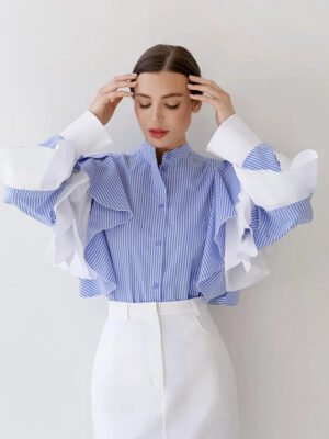 New Fashion Women Striped Blouses Autumn Ruffed Long Sleeved Elegant Shirt