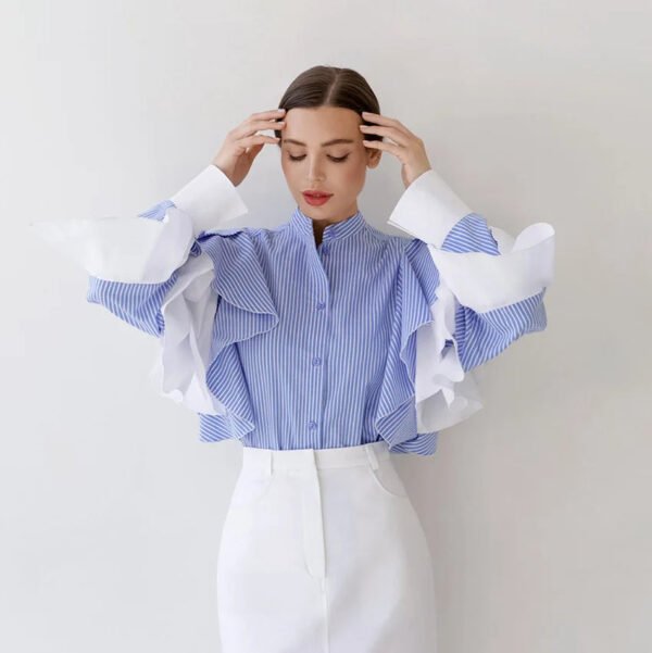 New Fashion Women Striped Blouses Autumn Ruffed Long Sleeved Elegant Shirt