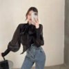 Autumn Fashion Puff Sleeves Top Loose Bow Shirt Women Ladies Blouses