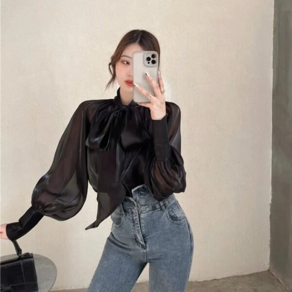 Autumn Fashion Puff Sleeves Top Loose Bow Shirt Women Ladies Blouses
