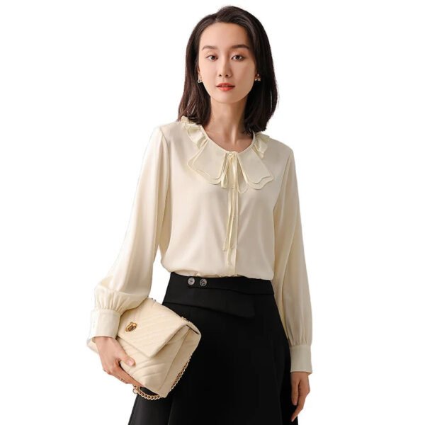 Early Spring New Women'S Mulberry Silk Shirt French Elegance Petal Collar Neck Long Sleeve Plain Dyed Solid Office