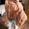 Elegant Ruffles Shirts For Women Spring Summer Stand Collar Butterfly Sleeve Spliced Lace Up Blouse Female Fashion