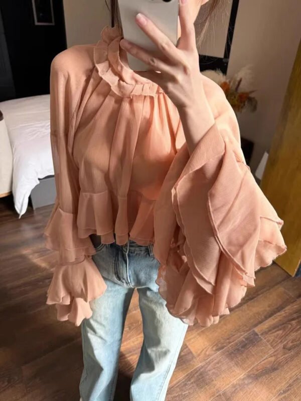 Elegant Ruffles Shirts For Women Spring Summer Stand Collar Butterfly Sleeve Spliced Lace Up Blouse Female Fashion