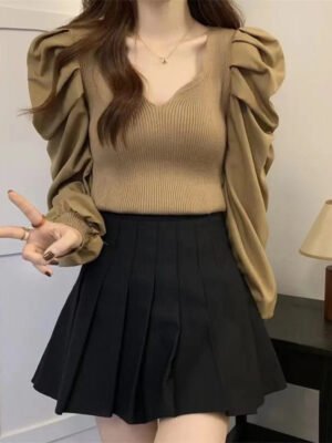 H76cda7c28a3a4a77b667c87e544eb98eb Puff Sleeve V Neck Long Sleeve Knitted Ladies Tops Oc822