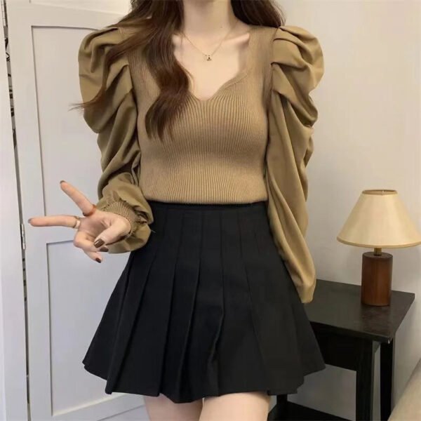 Puff Sleeve V Neck Long Sleeve Knitted Ladies Tops Oc822