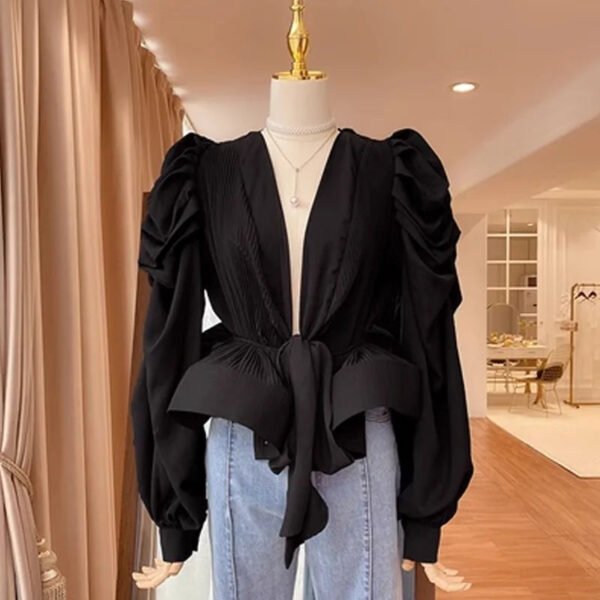 Women'S Bubble Sleeve V Neck Shirt With 3D Ruffles, Tie Waist, And Long Sleeves