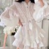 Spring And Summer New Single Breasted Lace Ruffle Shirt + Short Skirt Casual Suit Women'S Vacation