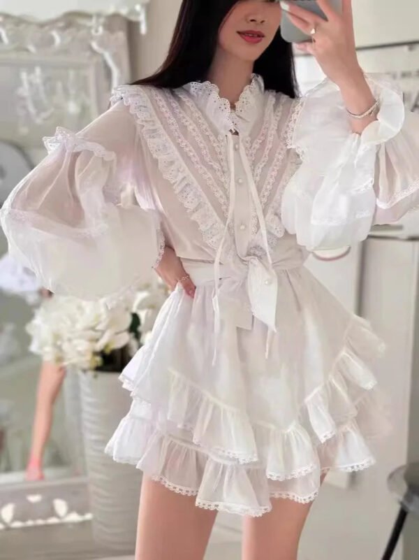 Spring And Summer New Single Breasted Lace Ruffle Shirt + Short Skirt Casual Suit Women'S Vacation