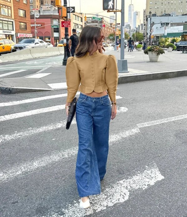 Made Womens French Style Stand Collar Blouse With Puff Sleeves Satin Office Wear Royal Court Elegant Shirt Luxury Tops