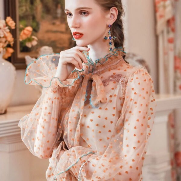 Vintage Elegant Puff Sleeves Transparent Lace Womens Blous High Quality Woman Blouses