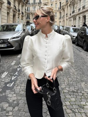 H804f93ee2b8344a4a8e73fc1df08b0dbW Made Womens French Style Stand Collar Blouse With Puff Sleeves Satin Office Wear Royal Court Elegant Shirt Luxury Tops