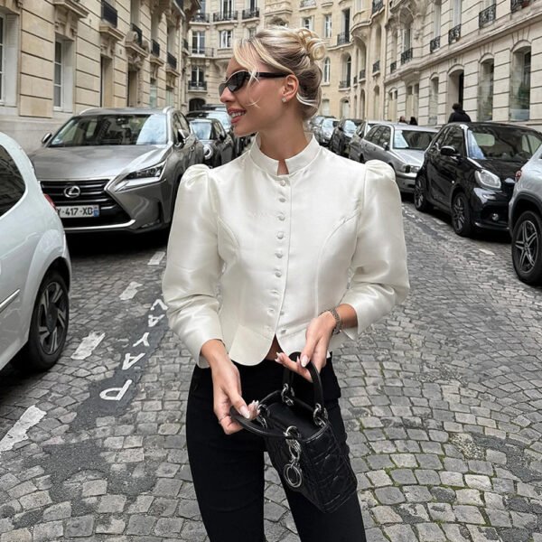 Made Womens French Style Stand Collar Blouse With Puff Sleeves Satin Office Wear Royal Court Elegant Shirt Luxury Tops