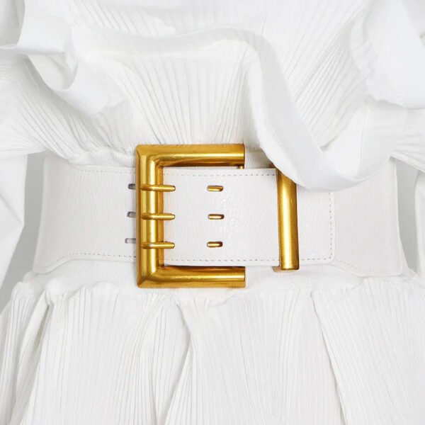 Trendy Women'S Round Neck Long Sleeve Pleated Ruffle Shirt Chic Belt Included, Elegant For Office & Casual