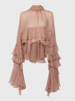 H871e491a4c6148779dbb6e5f1ae99d950 Elegant Ruffles Shirts For Women Spring Summer Stand Collar Butterfly Sleeve Spliced Lace Up Blouse Female Fashion