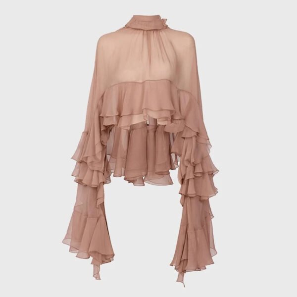 Elegant Ruffles Shirts For Women Spring Summer Stand Collar Butterfly Sleeve Spliced Lace Up Blouse Female Fashion