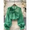 French Shirt Women'S Three Dimensional Floral Puffed Sleeves Youthful And Versatile Solid Color Chiffon Long Sleeved Top