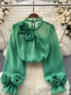 H87b050419e7b465bae710332ec2cb671w French Shirt Women'S Three Dimensional Floral Puffed Sleeves Youthful And Versatile Solid Color Chiffon Long Sleeved Top