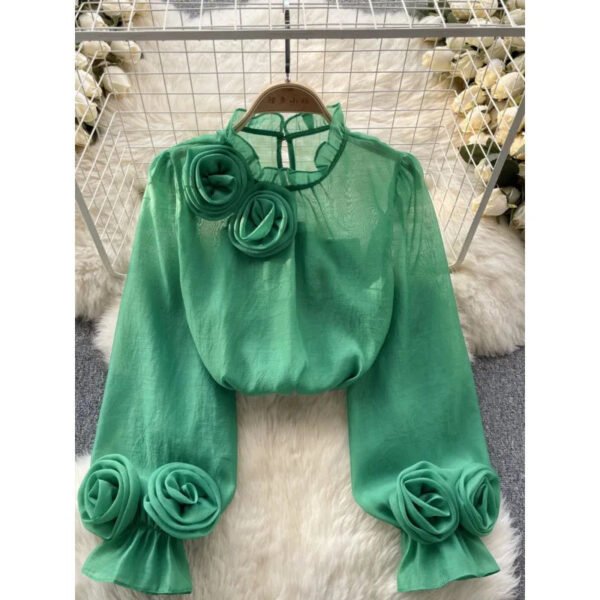 French Shirt Women'S Three Dimensional Floral Puffed Sleeves Youthful And Versatile Solid Color Chiffon Long Sleeved Top