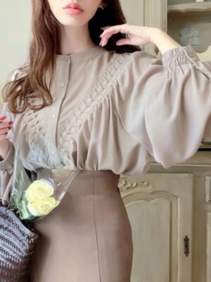 H8a5231b3201c4ea39158a45133fdd410v New Designs Lady Elegant Office Puff Sleeve Pleated Shirt Sweet Femme Women Japanese Blouse Shirt