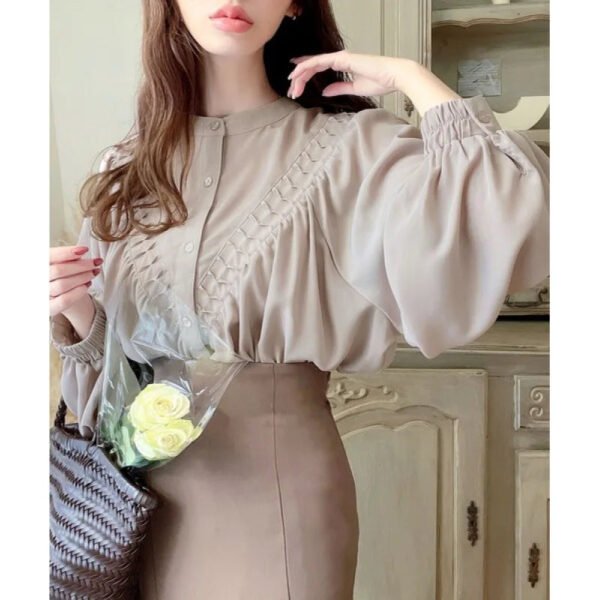New Designs Lady Elegant Office Puff Sleeve Pleated Shirt Sweet Femme Women Japanese Blouse Shirt