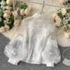 Women'S Summer Slim Court Style Blouse French Mesh Lace Stand Collar Three Dimensional Embroidered Puff Sleeves Long Female