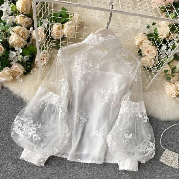 Women'S Summer Slim Court Style Blouse French Mesh Lace Stand Collar Three Dimensional Embroidered Puff Sleeves Long Female