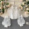 Women'S Summer Slim Court Style Blouse French Mesh Lace Stand Collar Three Dimensional Embroidered Puff Sleeves Long Female