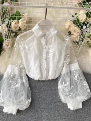 Women'S Summer Slim Court Style Blouse French Mesh Lace Stand Collar Three Dimensional Embroidered Puff Sleeves Long Female