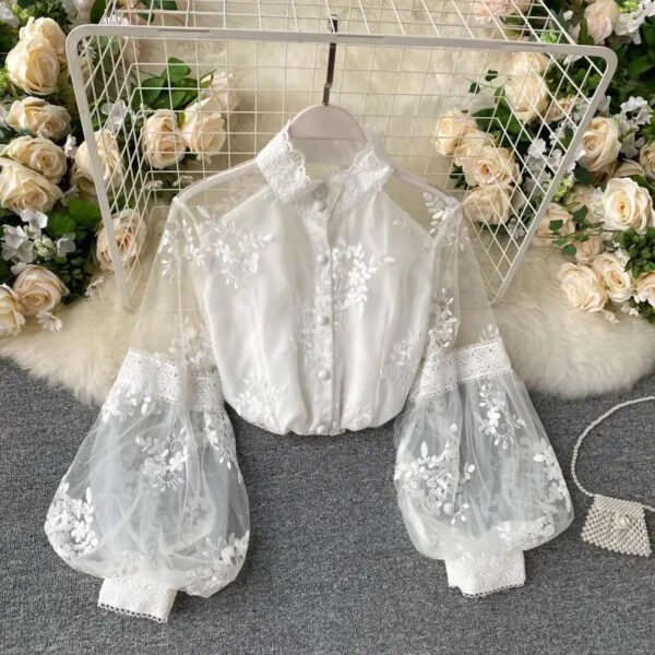 Women'S Summer Slim Court Style Blouse French Mesh Lace Stand Collar Three Dimensional Embroidered Puff Sleeves Long Female
