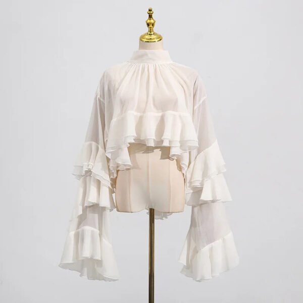 Summer New Elegant Women'S Casual Style Shirt Long Sleeve Top With Button Decoration And Mesh Ruffle Design Loose Fit