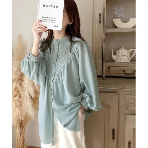 New Designs Lady Elegant Office Puff Sleeve Pleated Shirt Sweet Femme Women Japanese Blouse Shirt