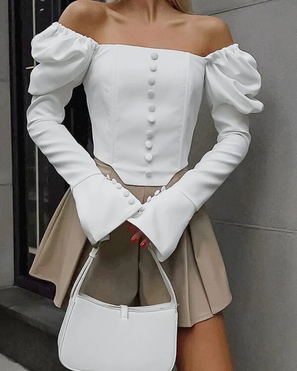 Retro French Romantic Office Leisure Niche Satin White Shirts Ladies Blouses Puff Shoulders Flare Long Sleeves Tops Women