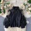 Women'S Summer Slim Court Style Blouse French Mesh Lace Stand Collar Three Dimensional Embroidered Puff Sleeves Long Female