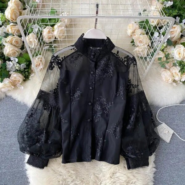 Women'S Summer Slim Court Style Blouse French Mesh Lace Stand Collar Three Dimensional Embroidered Puff Sleeves Long Female