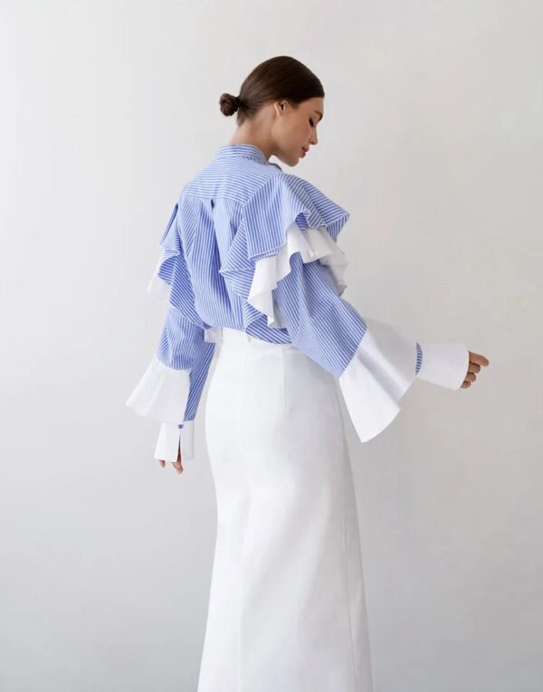 New Fashion Women Striped Blouses Autumn Ruffed Long Sleeved Elegant Shirt