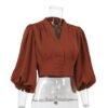 Lady Retro Tops Women'S V Neck Long Lantern Sleeve Court Slim Shirt Elegant Blouse