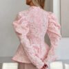 Women'S French Vintage Jacquard Stand Collar Blouse With Puff Sleeves Peplum Ruffle Hem Elegant Shirt Tops