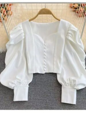 Ha2a19a2d2e0a4cde964fa83e97536afbw Puff Long Sleeve Wrap Front Crop Ladies Fashion Tunic Womens Crop Tops And Women'S Blouses & Shirts Chemise Femme