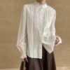 Cotton Women'S Elegant Pleated Puff Long Sleeve Blouse