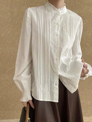 Ha47f8300ff624df2ab679d780a587775Q Cotton Women'S Elegant Pleated Puff Long Sleeve Blouse