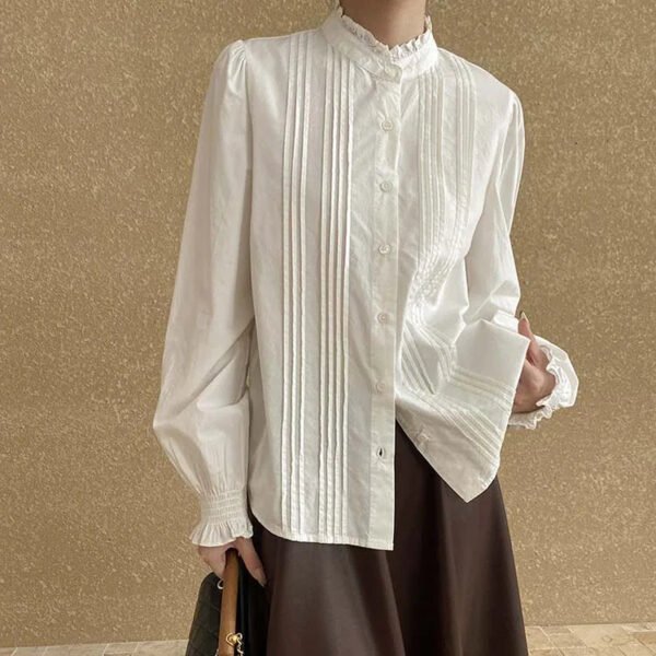 Cotton Women'S Elegant Pleated Puff Long Sleeve Blouse