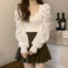 Puff Sleeve V Neck Long Sleeve Knitted Ladies Tops Oc822